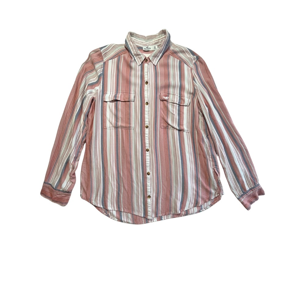 Y2K Hollister Women's Striped Button-up‎ Shirt M Red Teal Long Sleeve Retro Prep